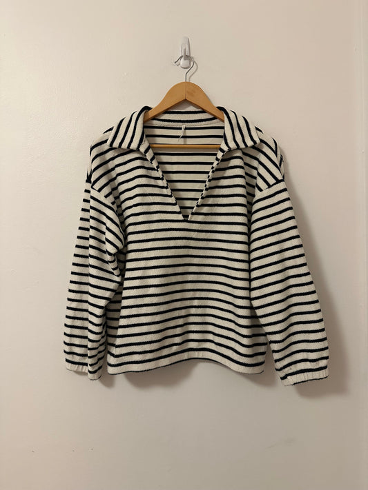 Hello Nite Kai Johnny Collar Cotton Striped Pullover Sweatshirt | Size Large