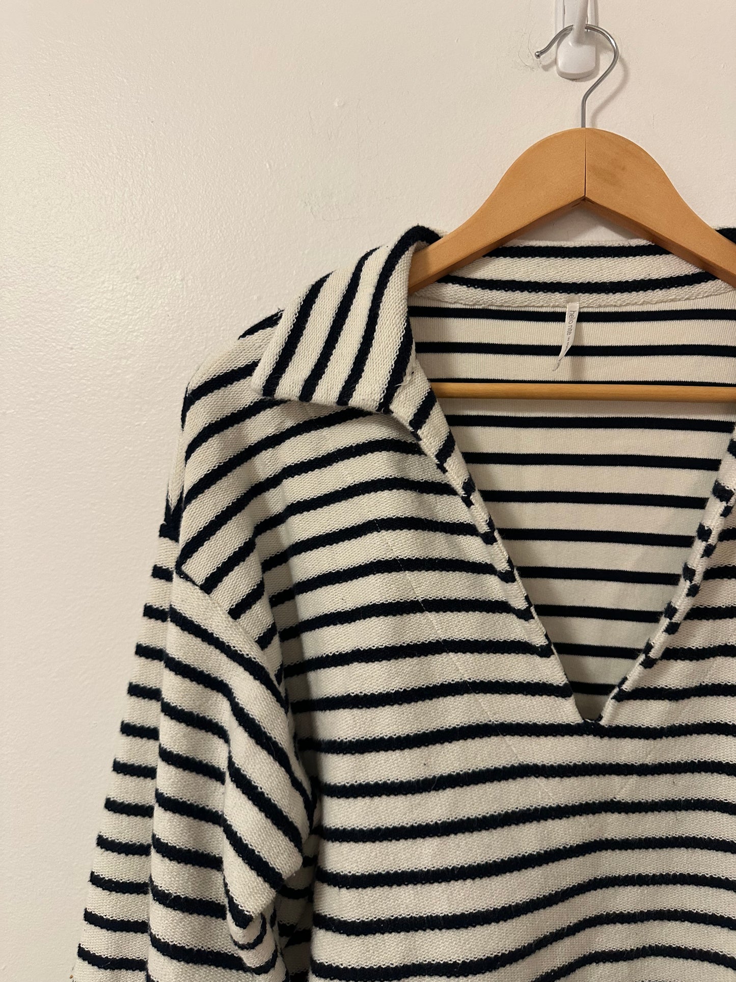Hello Nite Kai Johnny Collar Cotton Striped Pullover Sweatshirt | Size Large