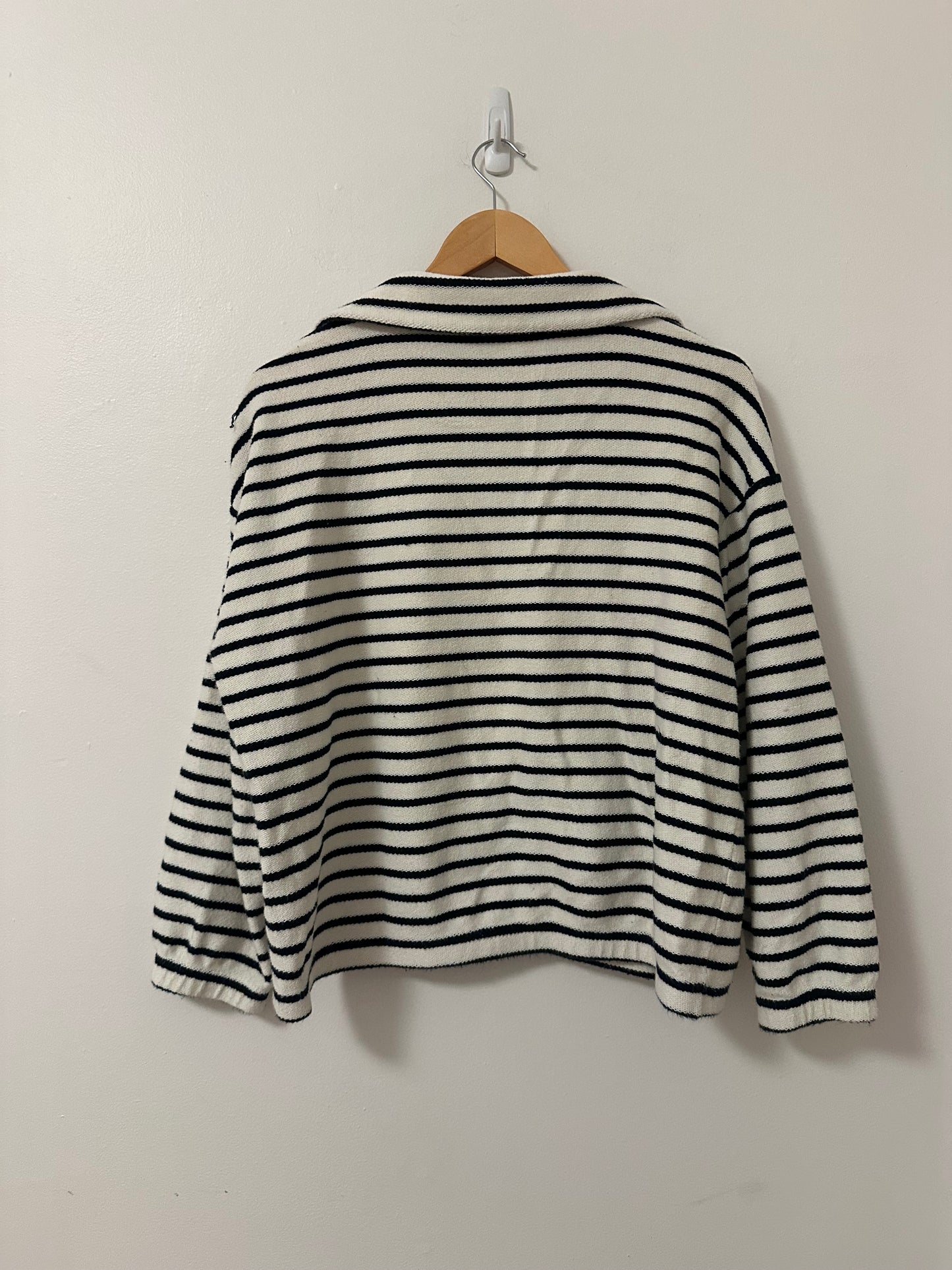 Hello Nite Kai Johnny Collar Cotton Striped Pullover Sweatshirt | Size Large