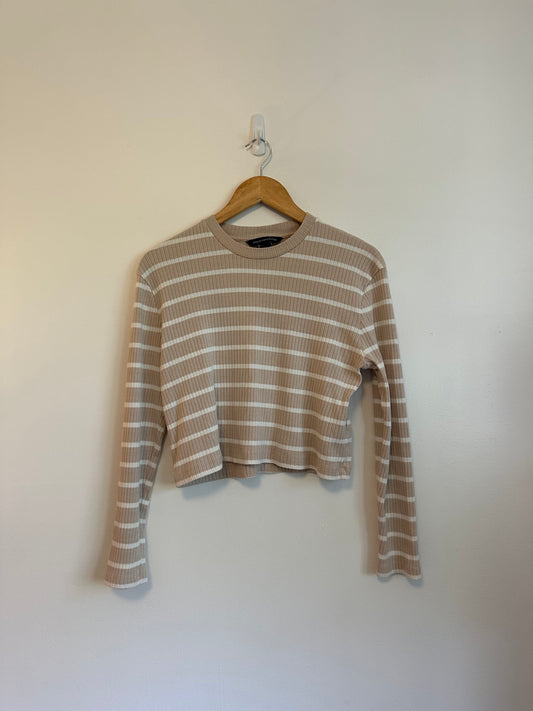 French Connection Tan and White Ribbed Long Sleeve Top | Size Small