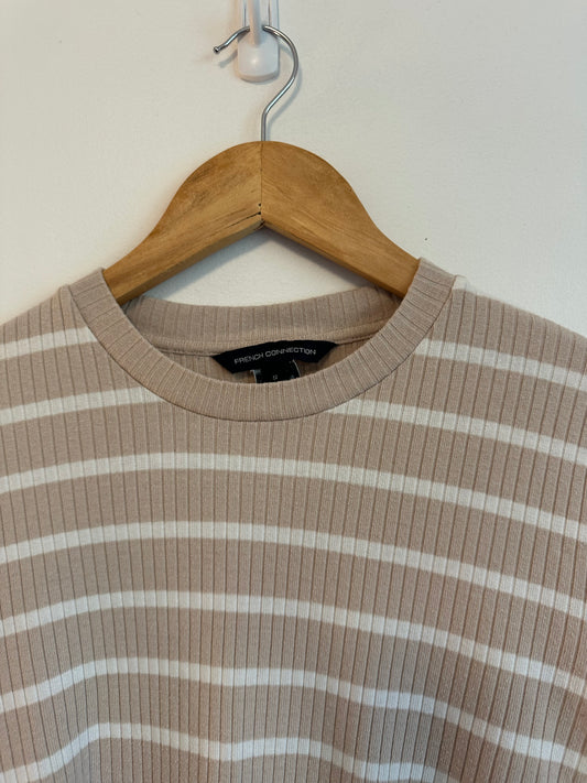 French Connection Tan and White Ribbed Long Sleeve Top | Size Small
