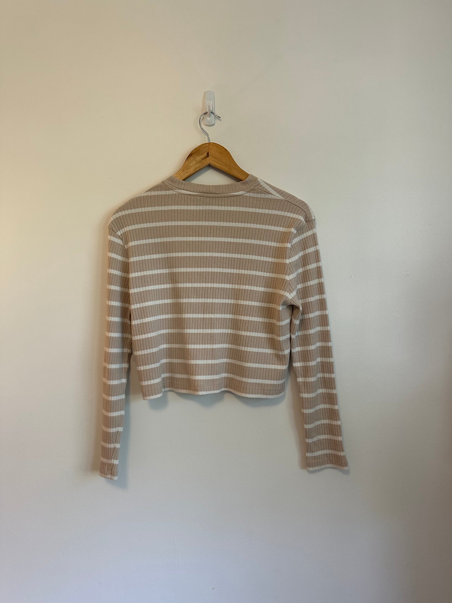 French Connection Tan and White Ribbed Long Sleeve Top | Size Small