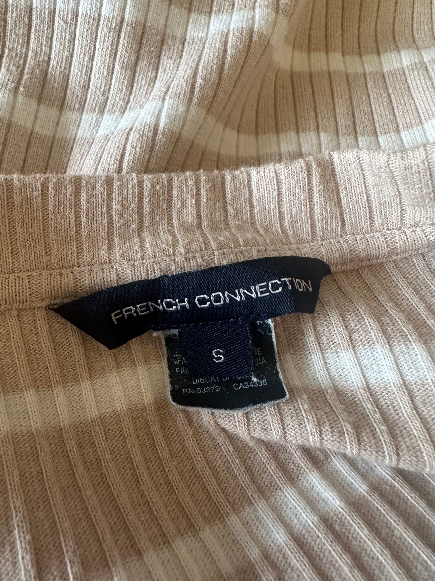 French Connection Tan and White Ribbed Long Sleeve Top | Size Small