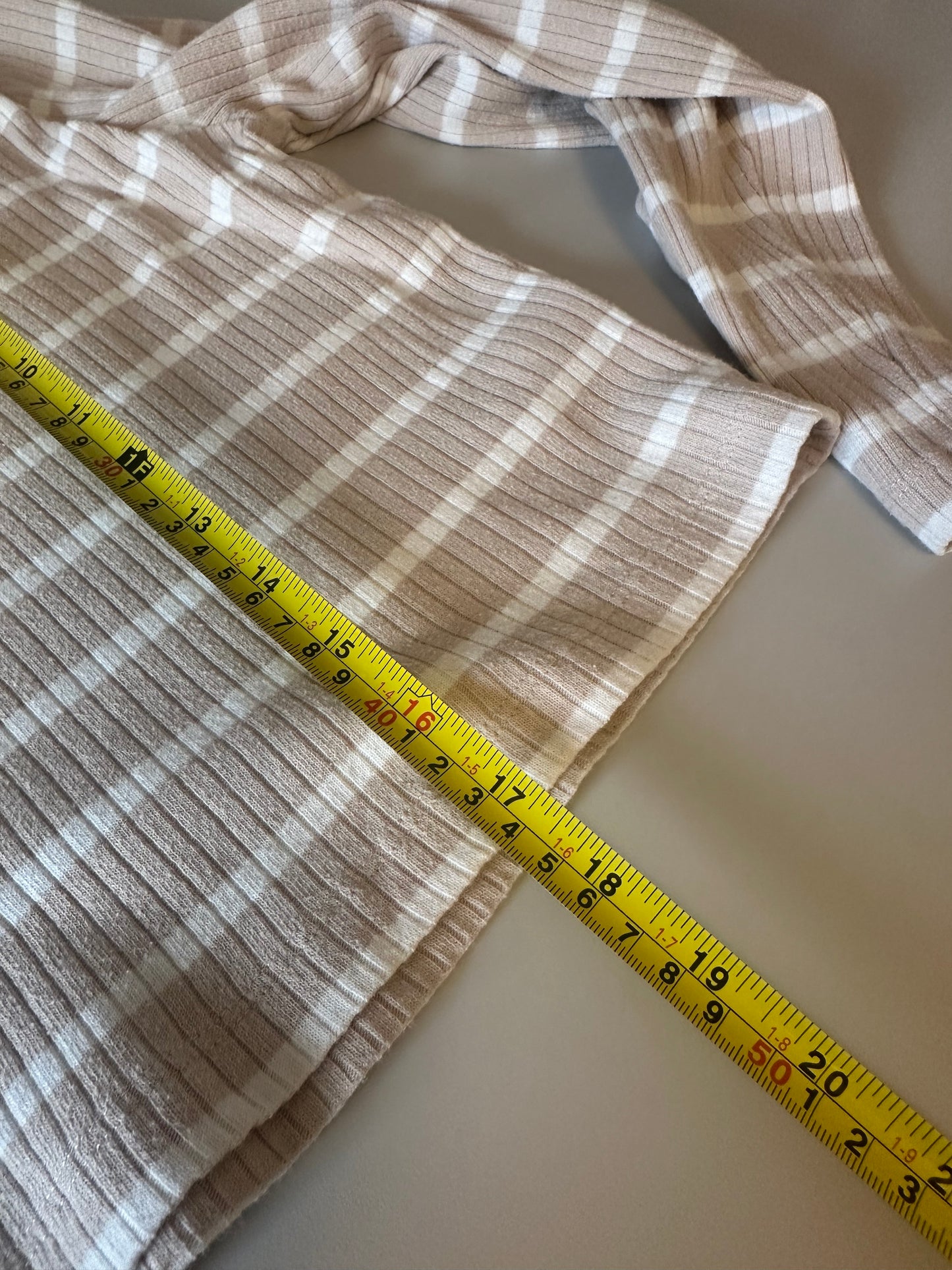 French Connection Tan and White Ribbed Long Sleeve Top | Size Small