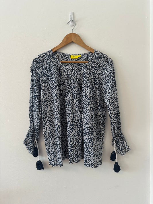 Roller Rabbit My Jamuna Navy Printed Pom Pom Blouse | Size Medium