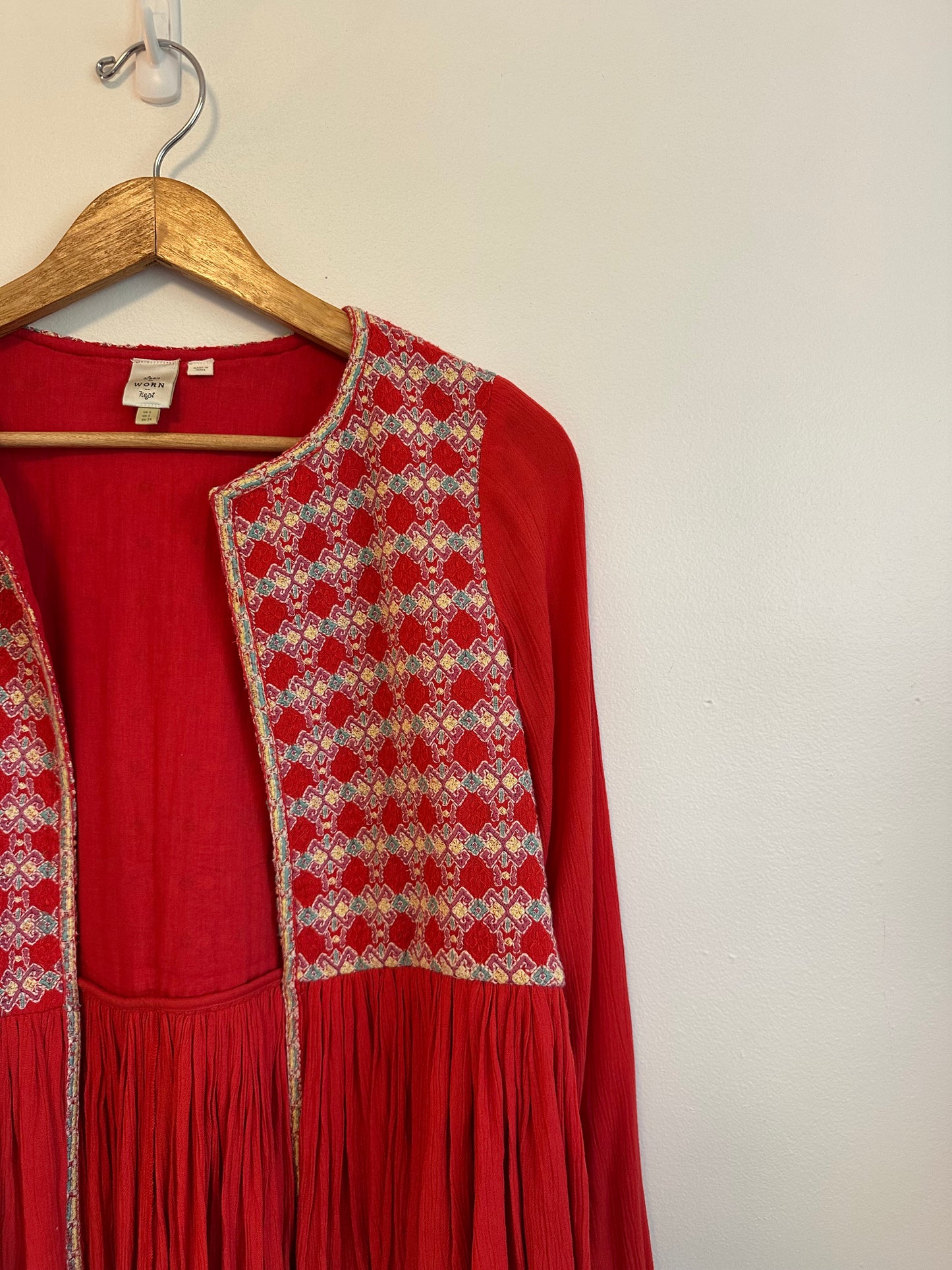 Anthropologie Red Embroidered Peplum Open Jacket | Size 2