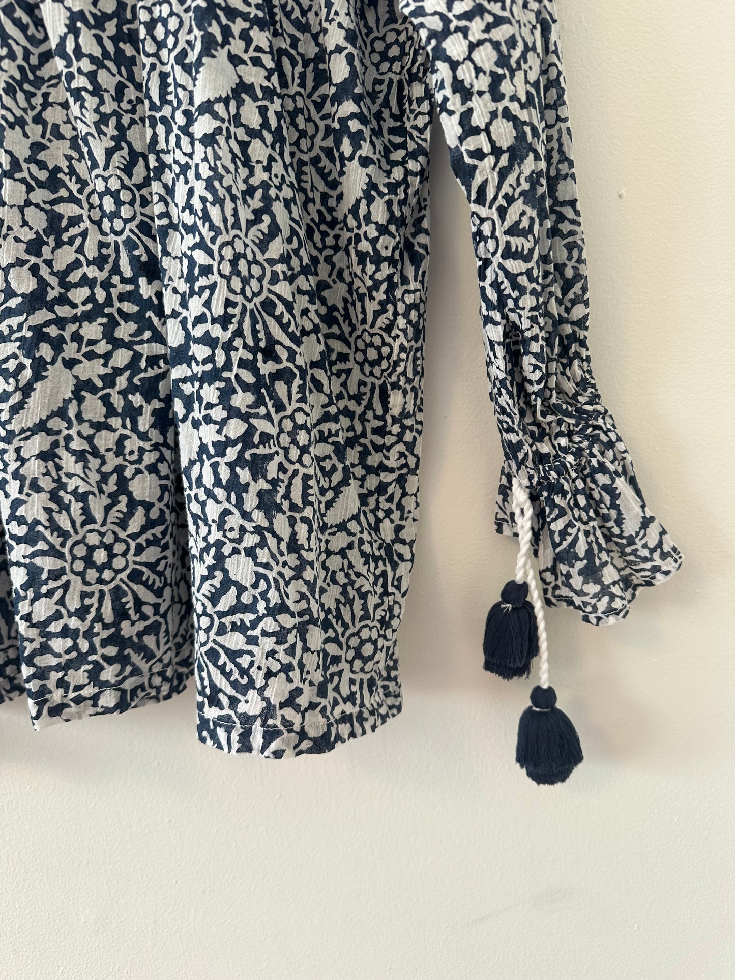 Roller Rabbit My Jamuna Navy Printed Pom Pom Blouse | Size Medium