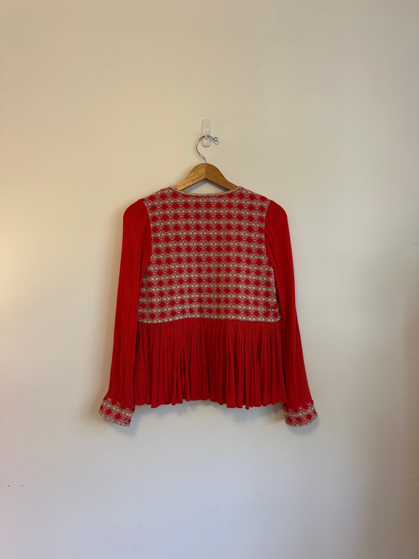 Anthropologie Red Embroidered Peplum Open Jacket | Size 2