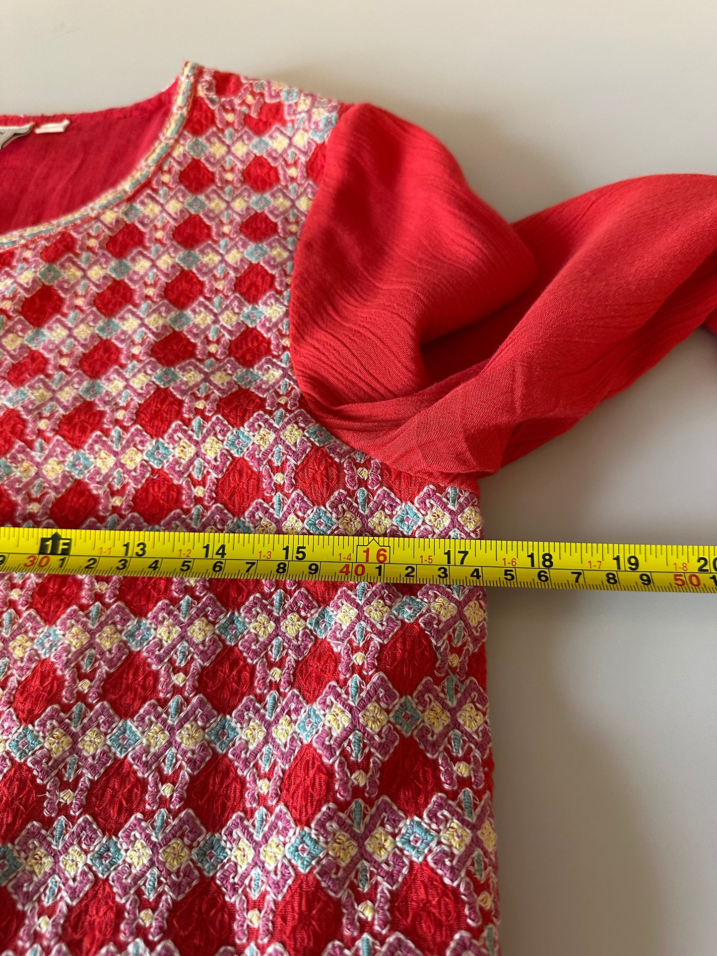 Anthropologie Red Embroidered Peplum Open Jacket | Size 2