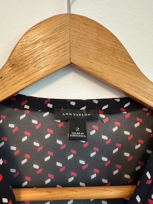 Ann Taylor Sheer Blouse in Black with White and Red Print | Size 2