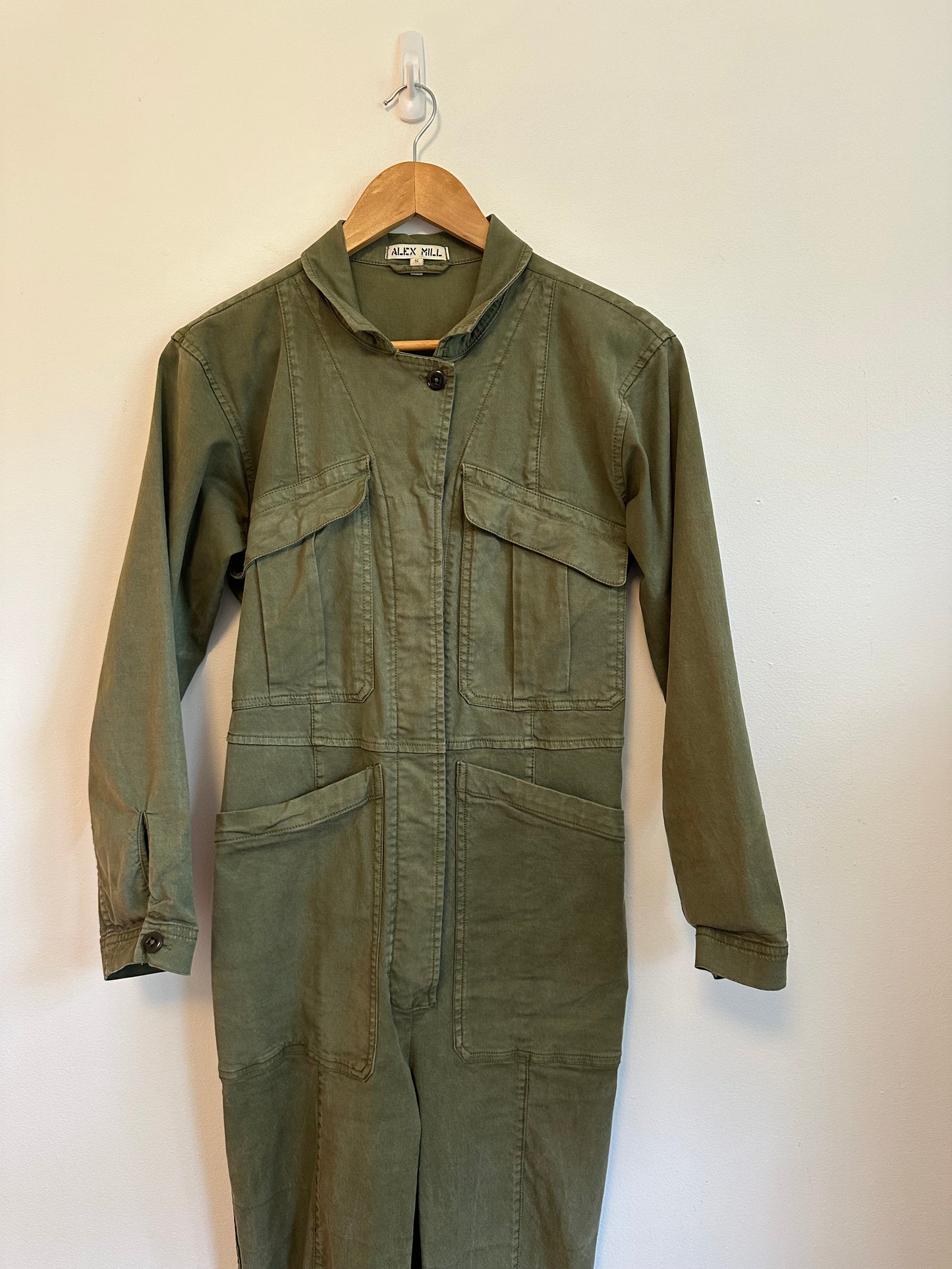 Alex Mill Expedition Jumpsuit in Olive Green Washed Twill | Size Small