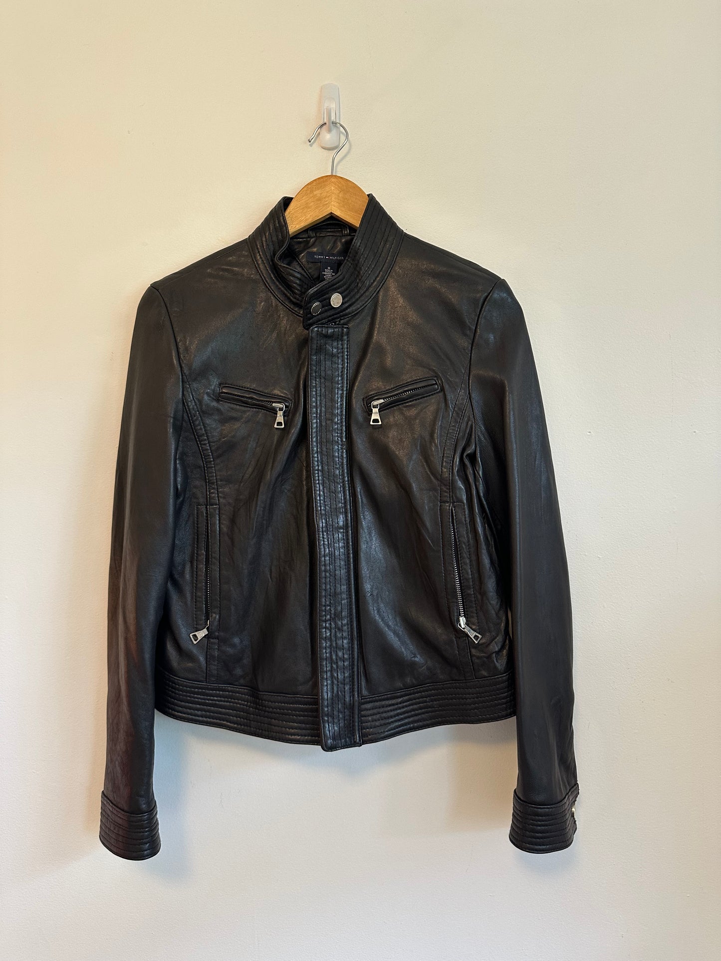 Tommy Hilfiger Black Leather Moto Jacket | Size Medium