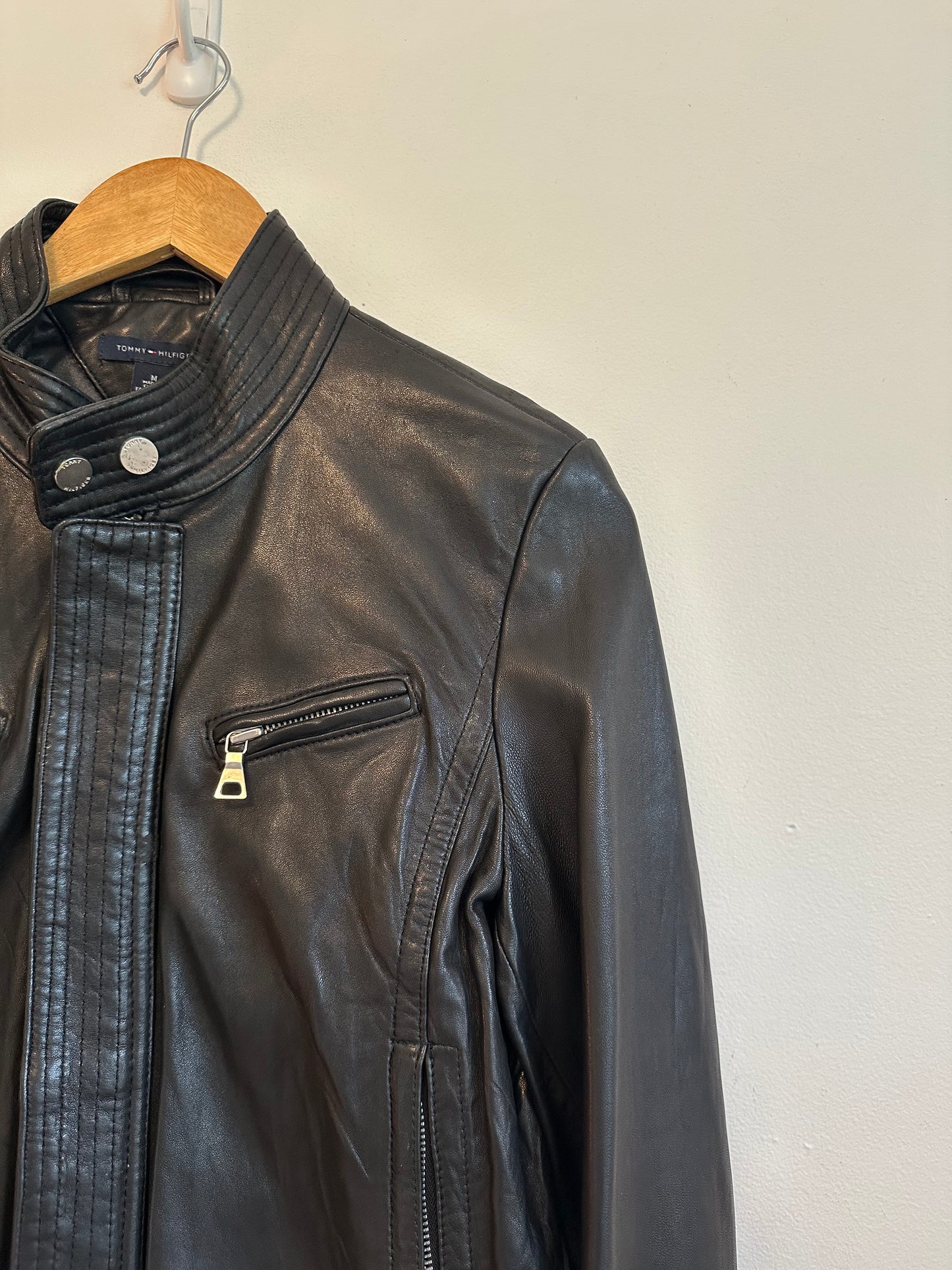 Tommy Hilfiger Black Leather Moto Jacket | Size Medium