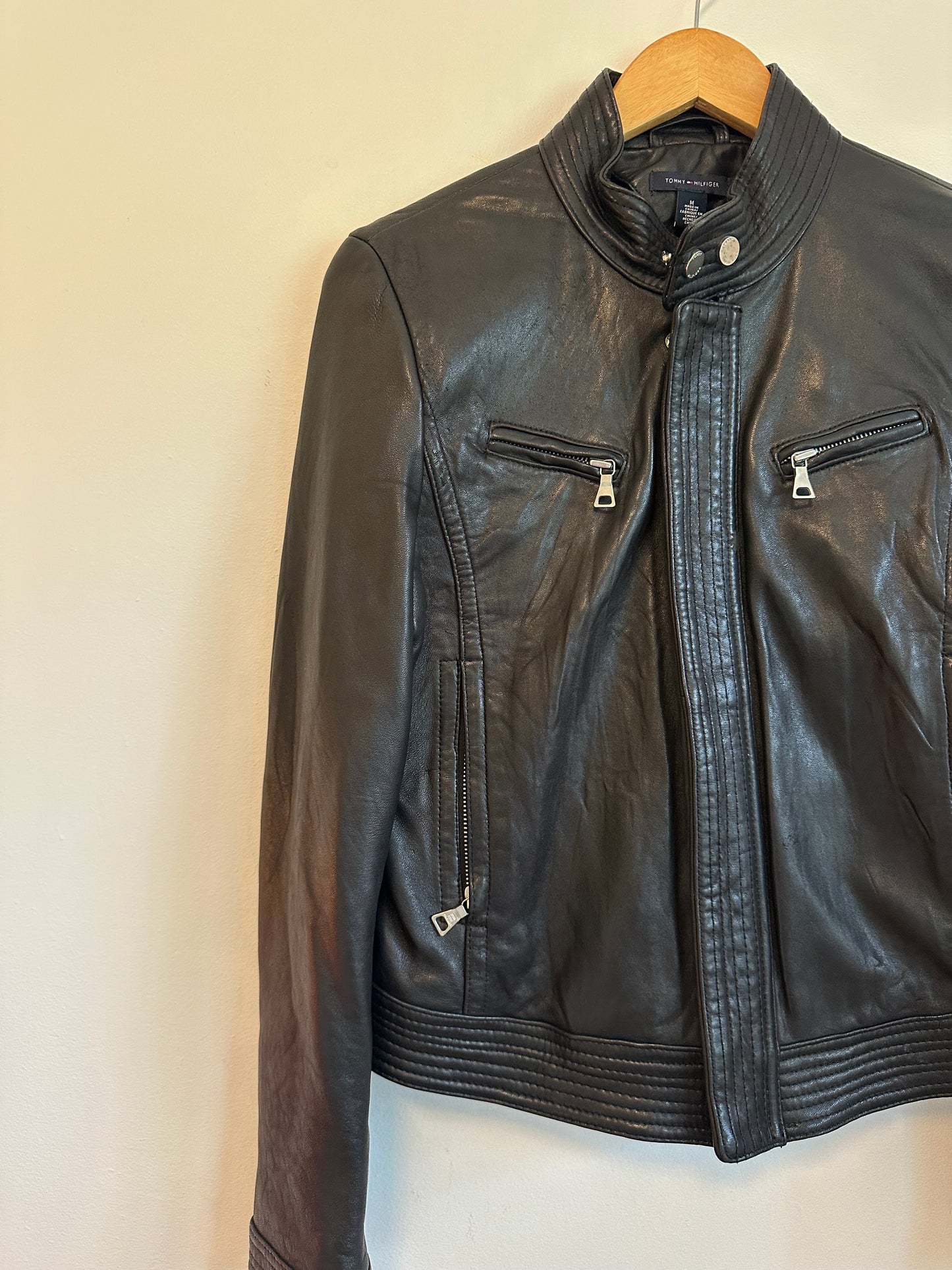 Tommy Hilfiger Black Leather Moto Jacket | Size Medium