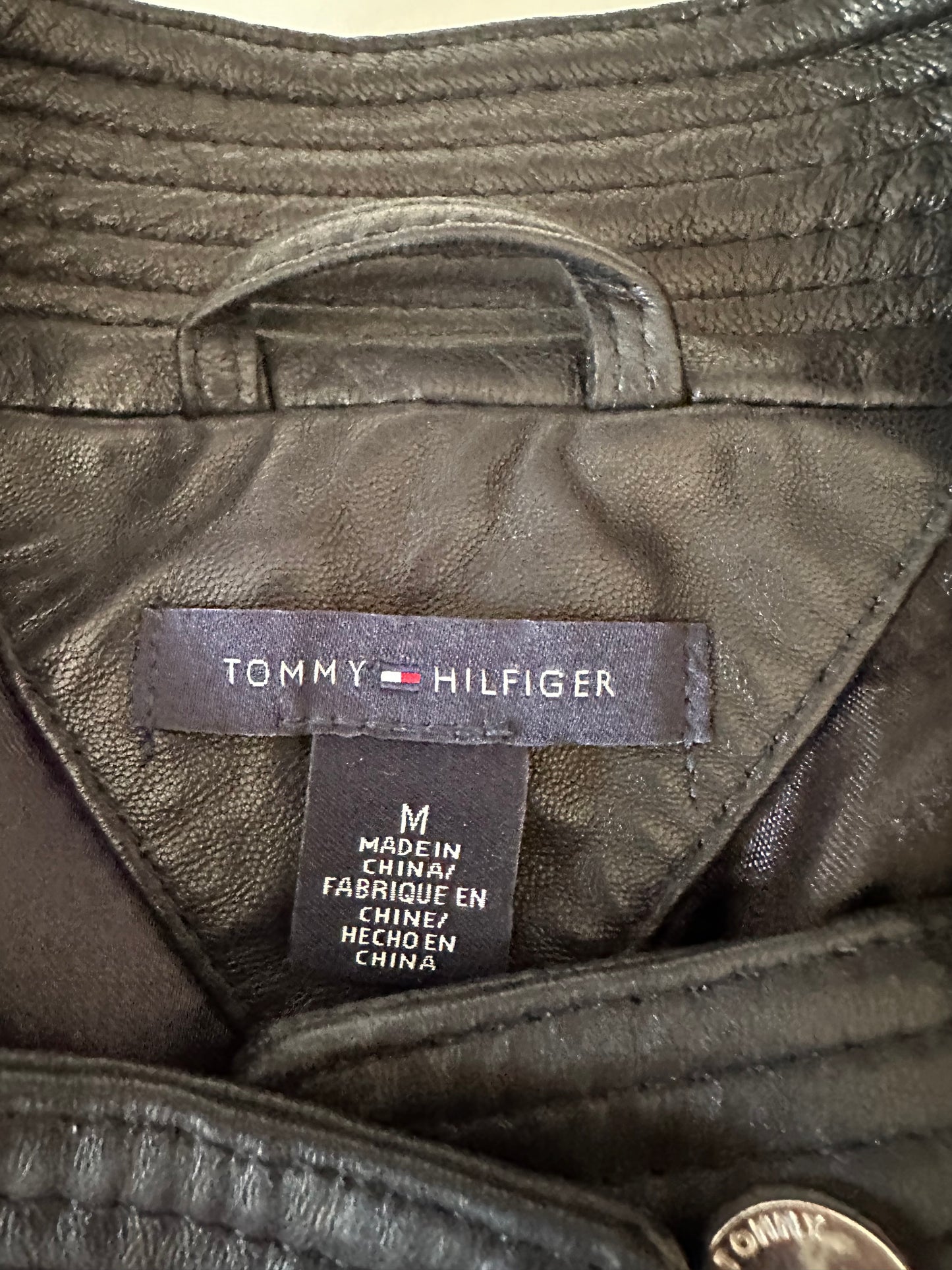 Tommy Hilfiger Black Leather Moto Jacket | Size Medium