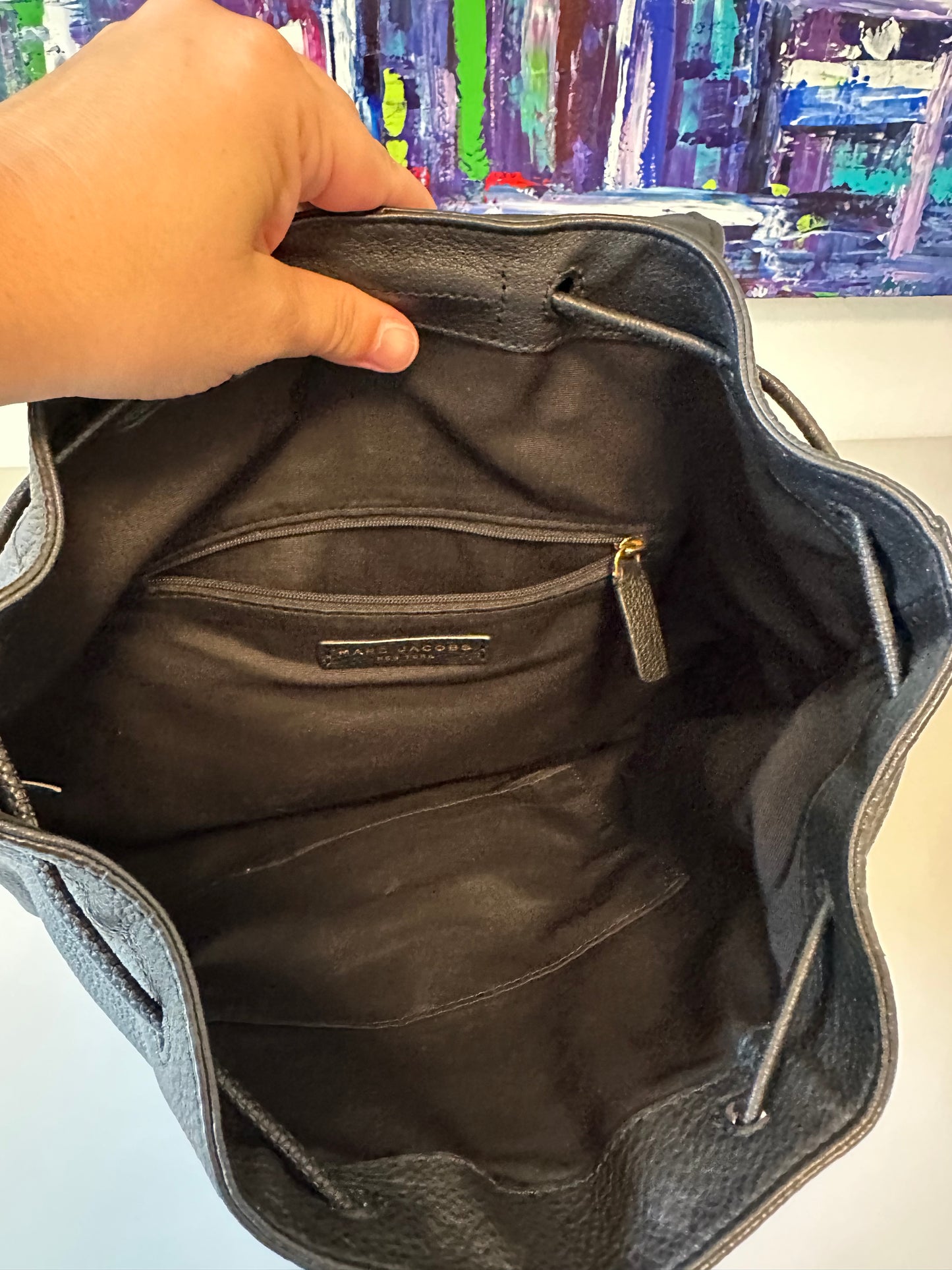 Marc Jacobs Drawstring Backpack in Black Pebbled Leather