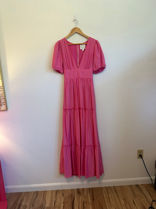 NWT Sail To Sable Puff Sleeve Silk and Cotton Maxi Dress in Hibiscus Pink | Med