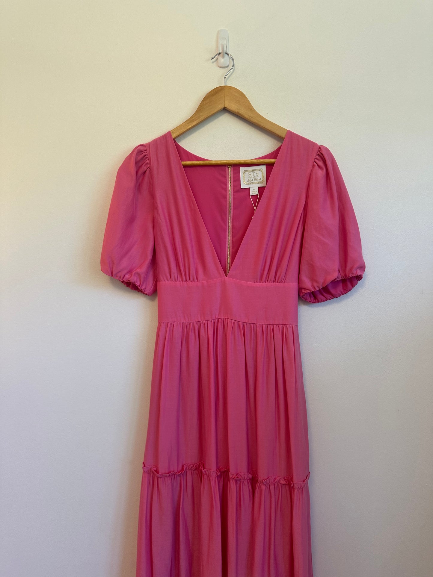 NWT Sail To Sable Puff Sleeve Silk and Cotton Maxi Dress in Hibiscus Pink | Med