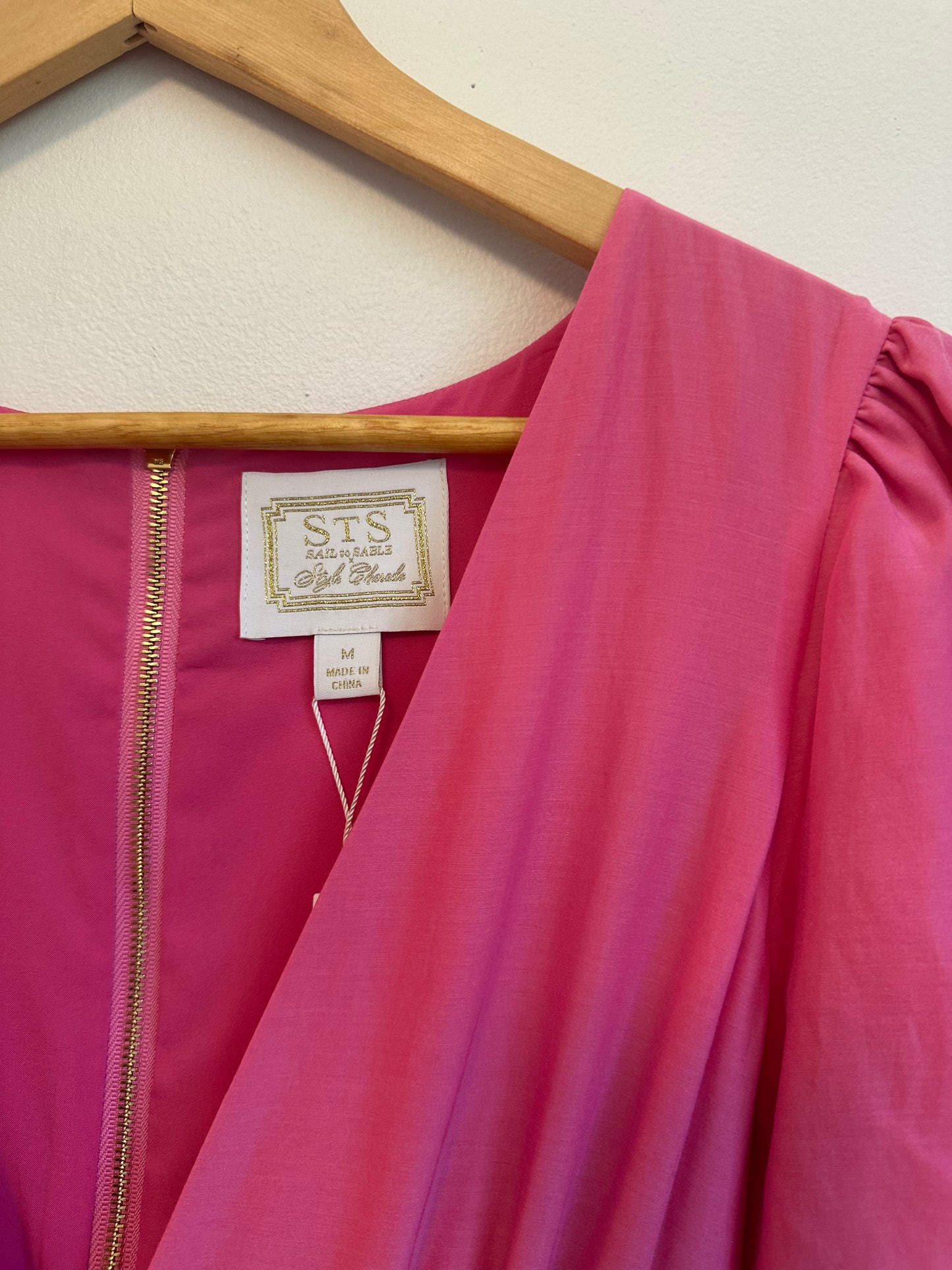 NWT Sail To Sable Puff Sleeve Silk and Cotton Maxi Dress in Hibiscus Pink | Med