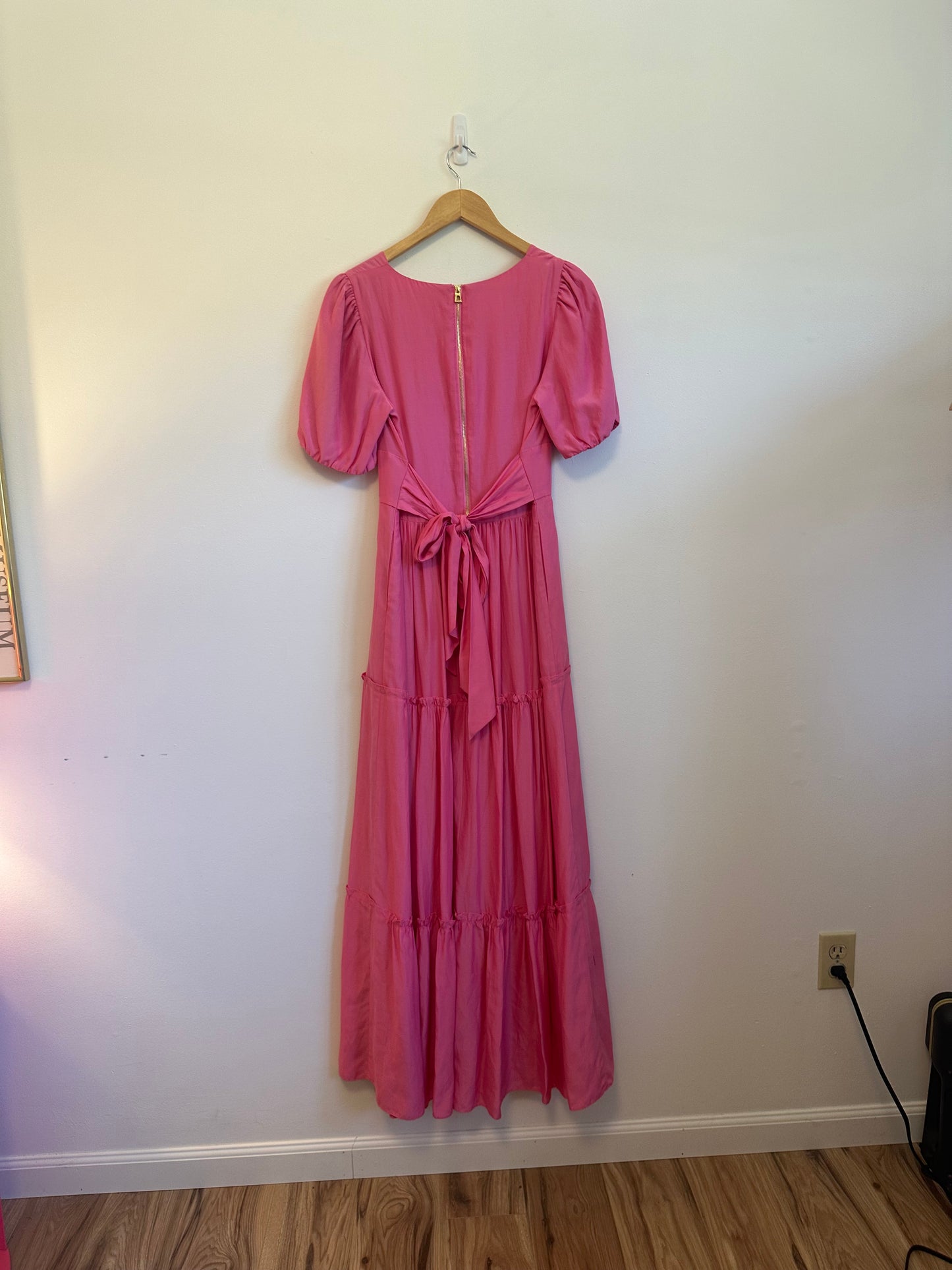 NWT Sail To Sable Puff Sleeve Silk and Cotton Maxi Dress in Hibiscus Pink | Med