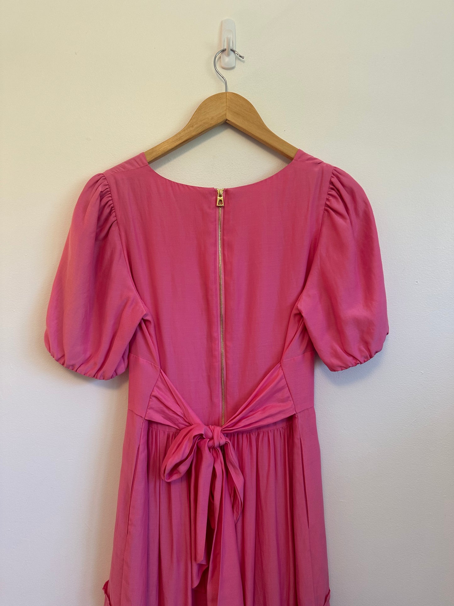 NWT Sail To Sable Puff Sleeve Silk and Cotton Maxi Dress in Hibiscus Pink | Med