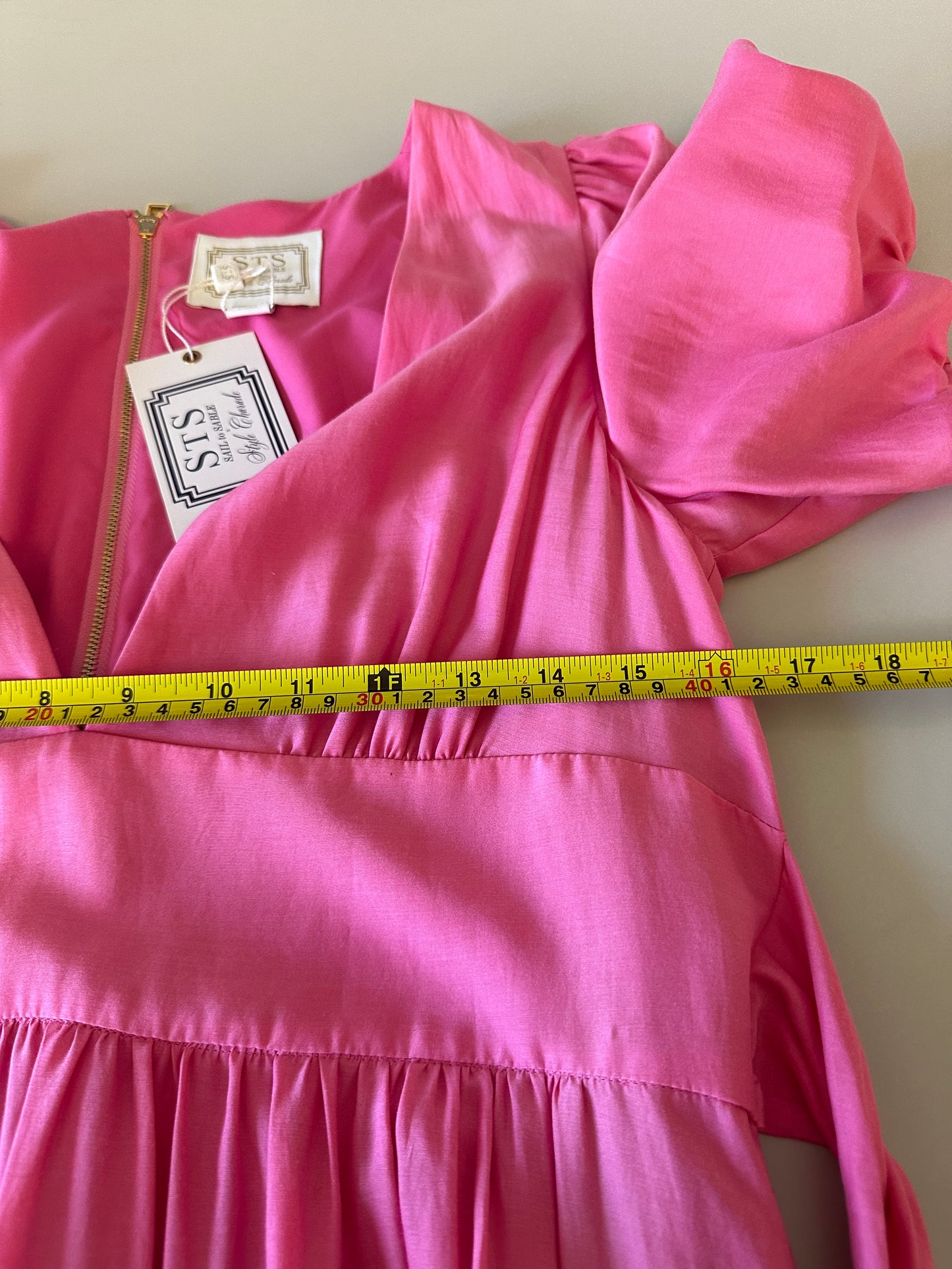NWT Sail To Sable Puff Sleeve Silk and Cotton Maxi Dress in Hibiscus Pink | Med