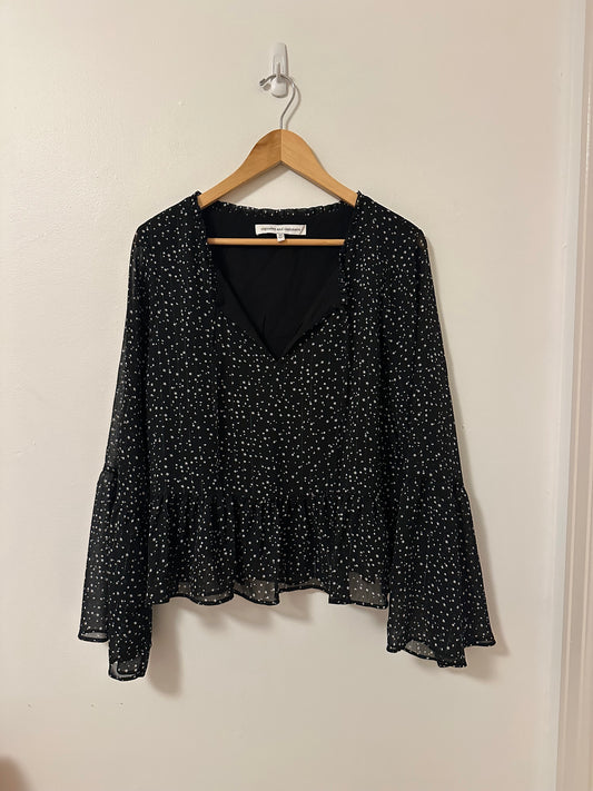 Cupcakes & Cashmere Bell Sleeve Blouse in Black with Star Print | Size Medium