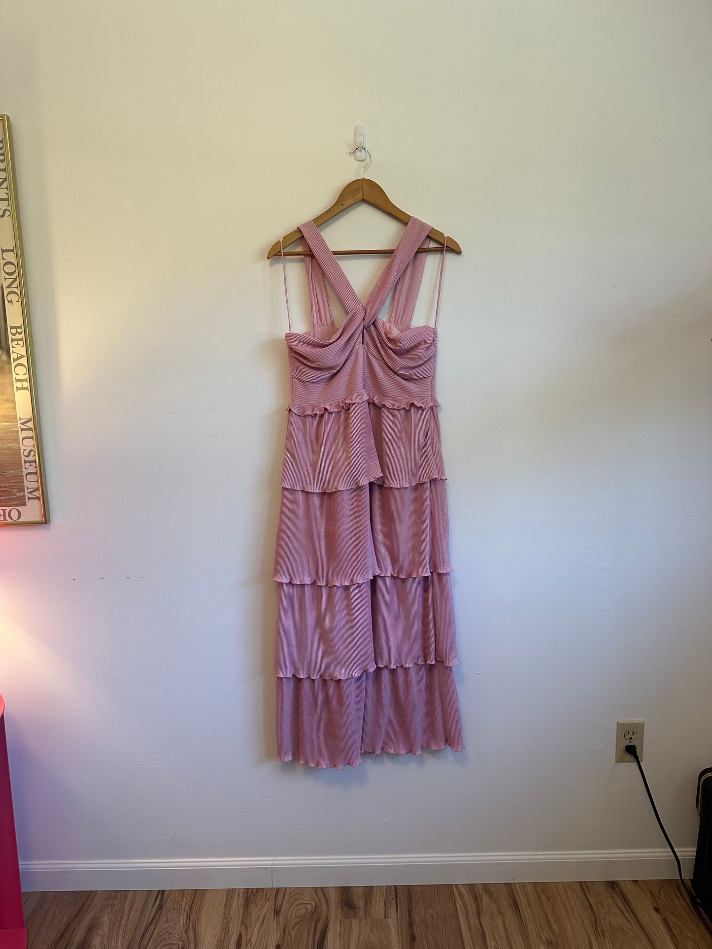 NWT Saylor Esperanza Bubblegum Pink Tiered Ruffle Metallic Dress | Size Large