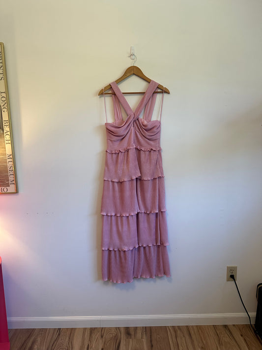 NWT Saylor Esperanza Bubblegum Pink Tiered Ruffle Metallic Dress | Size Large