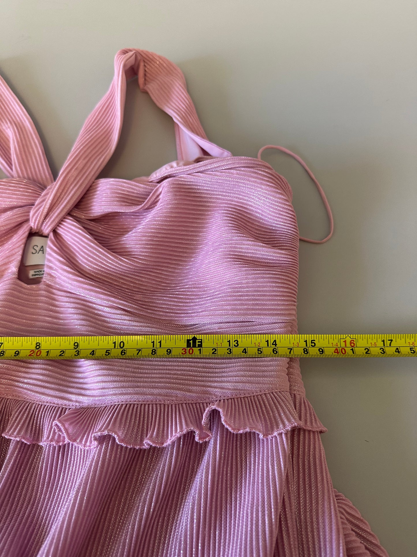NWT Saylor Esperanza Bubblegum Pink Tiered Ruffle Metallic Dress | Size Large