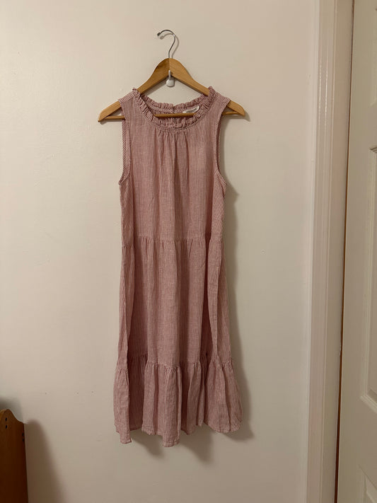 NWT beachlunchlounge Red and White Stripe Ruffle Cotton Linen Dress | Medium
