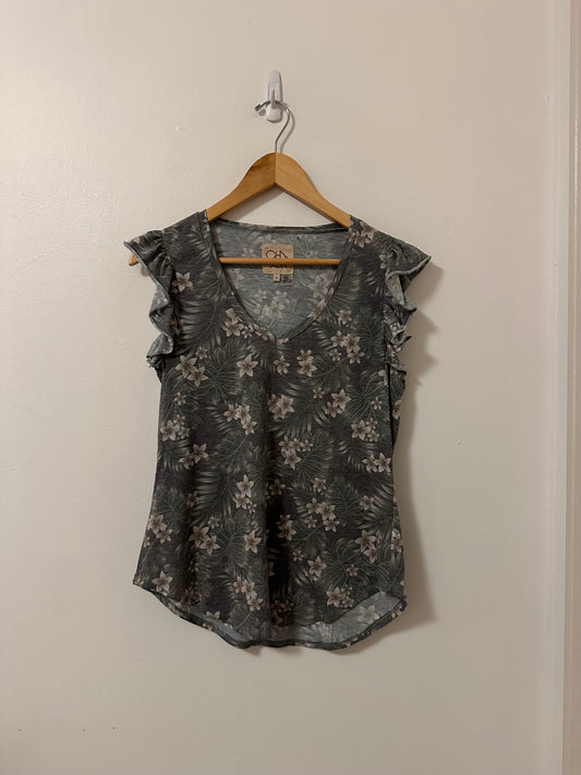 Chaser Floral Ruffle Sleeve Sleeveless Tank Top | Size Medium