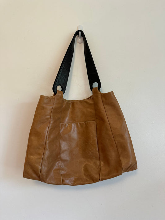 Hobo Contrasting Light and Dark Brown Leather Tote Bag
