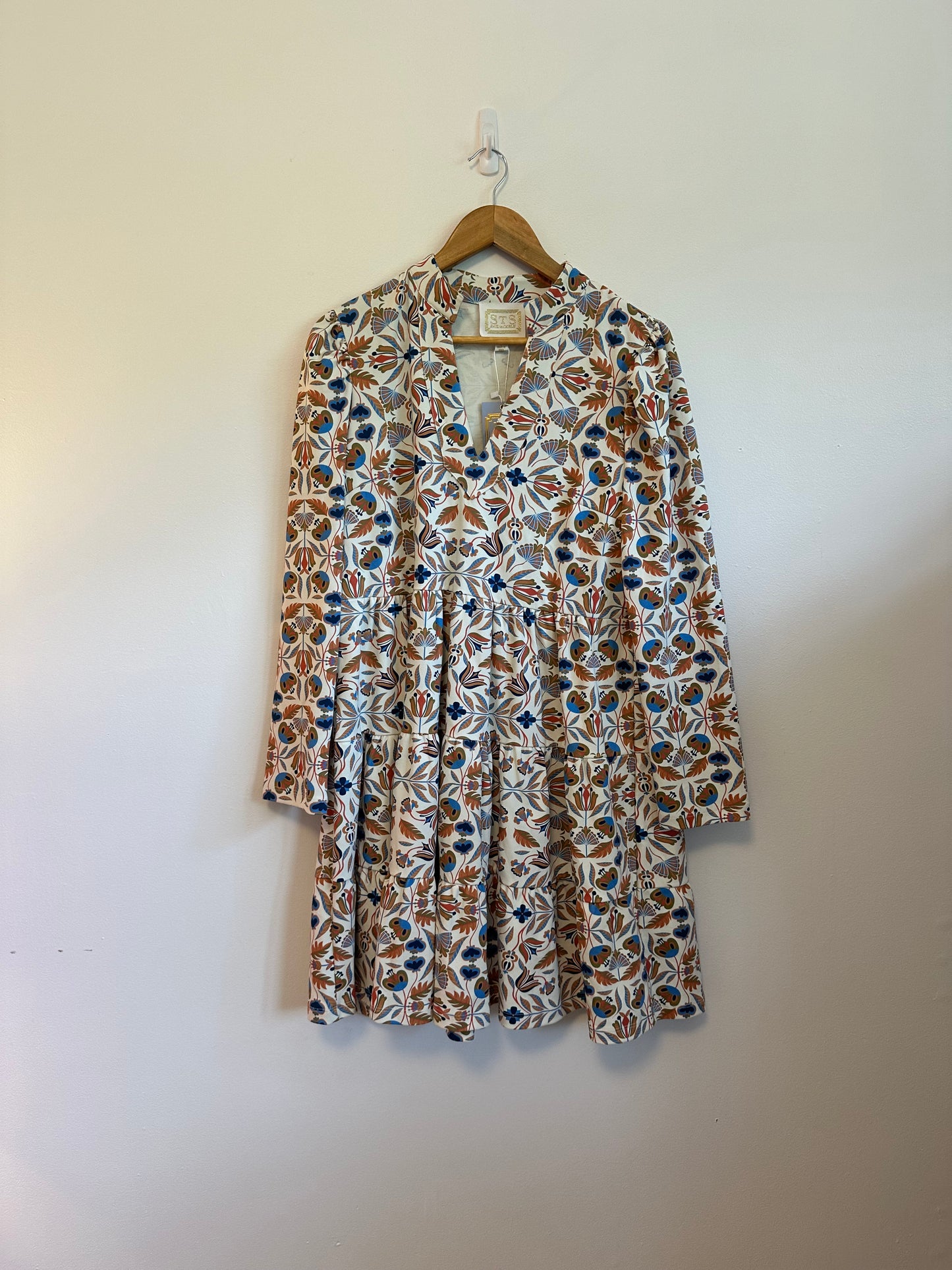 Sail To Sable Geo Floral Print Long Sleeve Tunic Flare Dress | Size Large