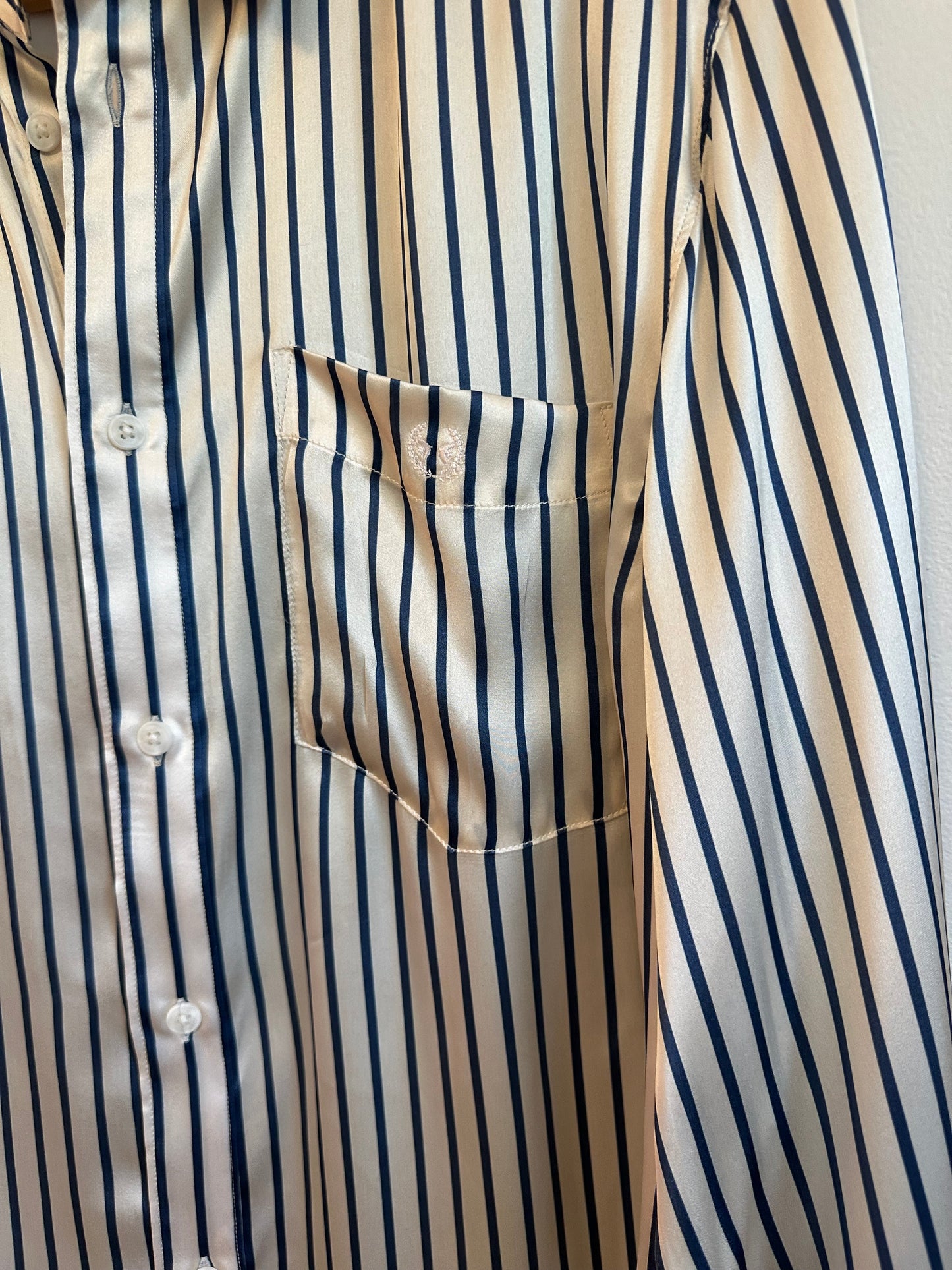 NWT Emerson Fry Silk Ryan Shirt in Ivory and Blue Stripe | Size Large