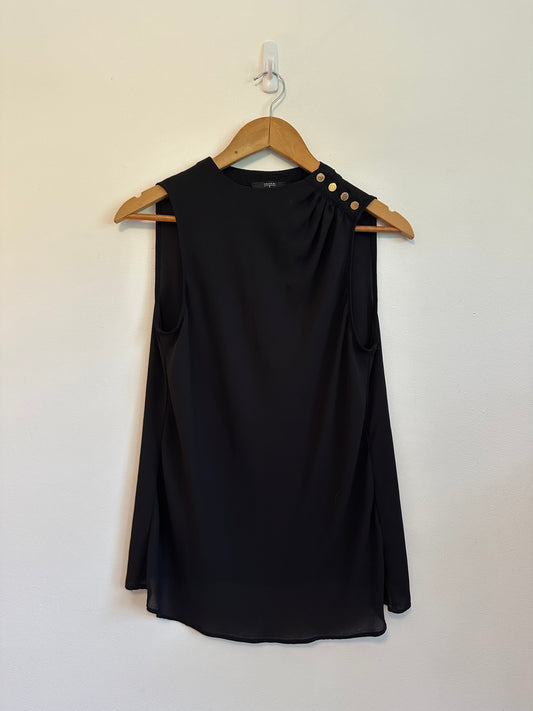Tahari Black Sleeveless High Neck Blouse with Gold Shoulder Buttons | Size Medium