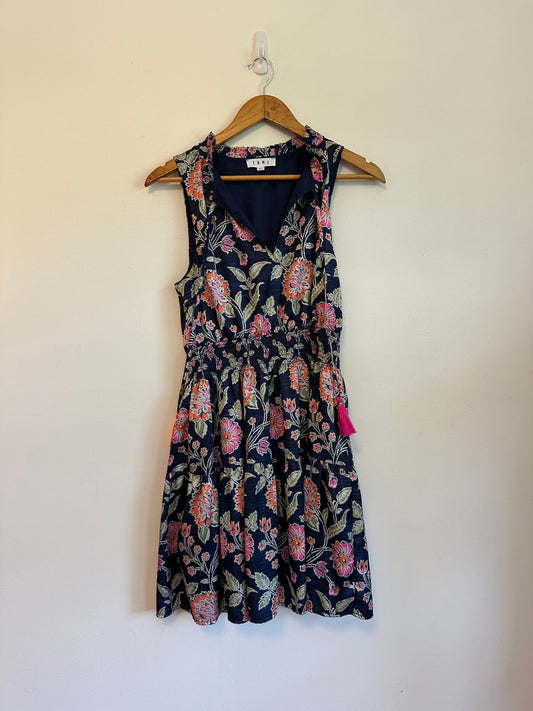 THML Navy Blue Floral Smocked Waist Tiered Mini Dress | Size XS