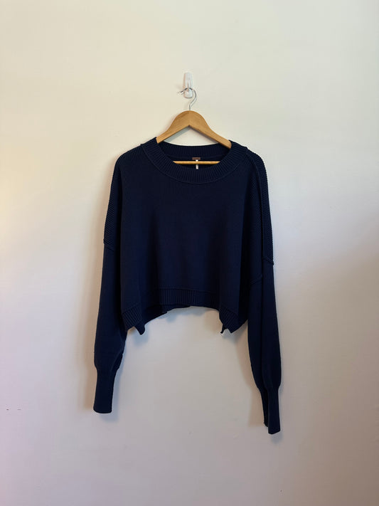NWT Free People Easy Street Cropped Pullover Sweater in Navy Blue | Size Large