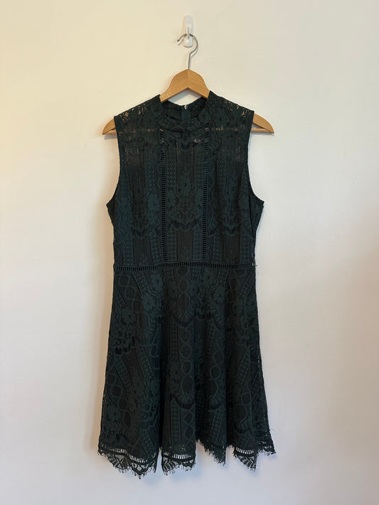 BB Dakota Forest Green Floral Lace Mock Neck Fit & Flare Dress | Size 10