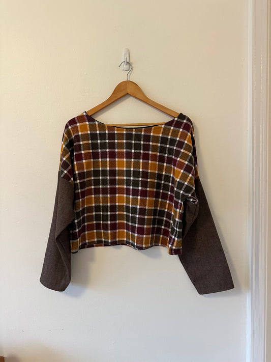 Paper Crane Plaid Boxy Cropped Long Sleeve Top with Solid Brown Sleeves | Small