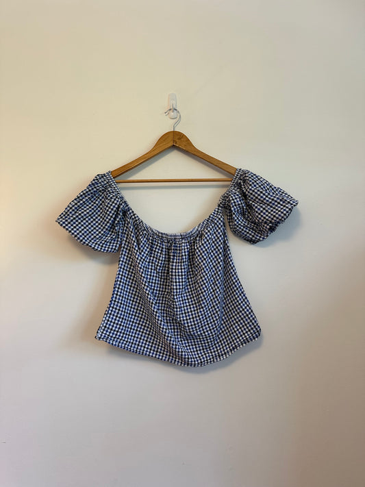 Misa Los Angeles Blue and White Gingham Off The Shoulder Top | Size Large