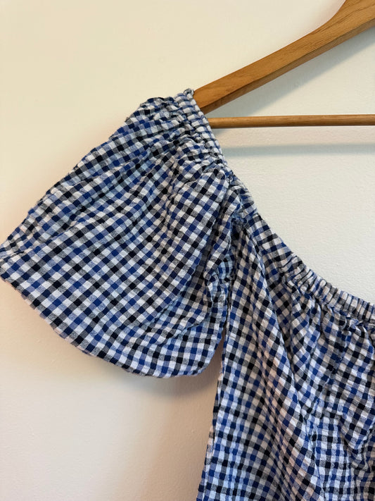 Misa Los Angeles Blue and White Gingham Off The Shoulder Top | Size Large
