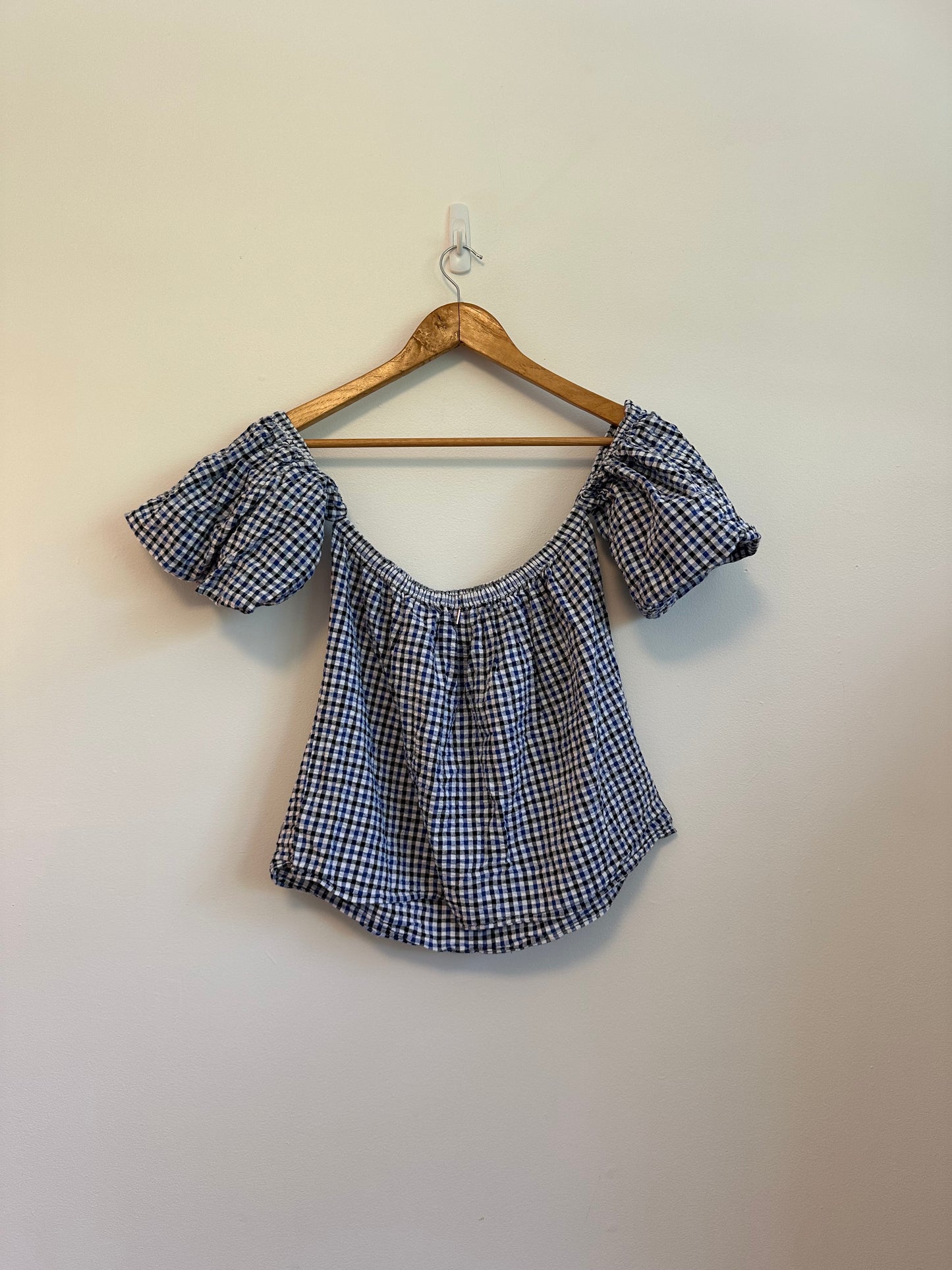 Misa Los Angeles Blue and White Gingham Off The Shoulder Top | Size Large