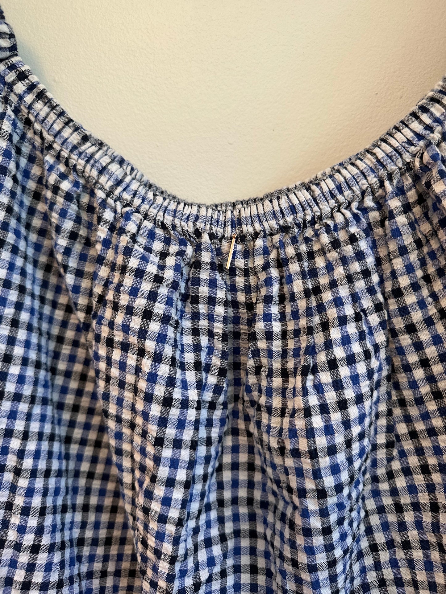 Misa Los Angeles Blue and White Gingham Off The Shoulder Top | Size Large