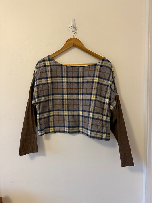 Paper Crane Plaid Boxy Cropped Long Sleeve Top with Solid Brown Sleeves | Small