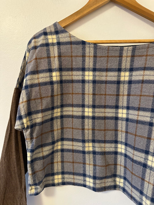 Paper Crane Plaid Boxy Cropped Long Sleeve Top with Solid Brown Sleeves | Small