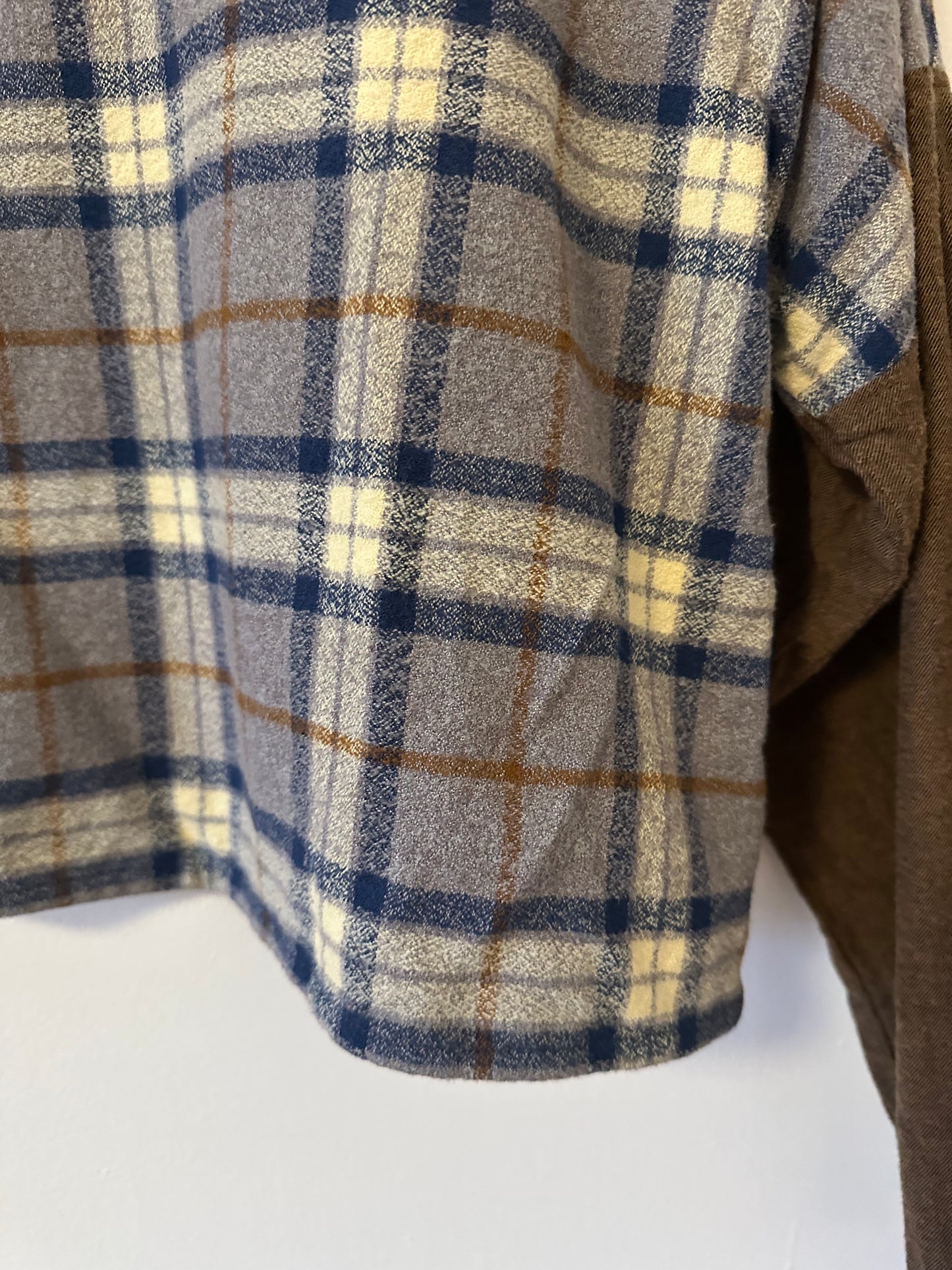 Paper Crane Plaid Boxy Cropped Long Sleeve Top with Solid Brown Sleeves | Small