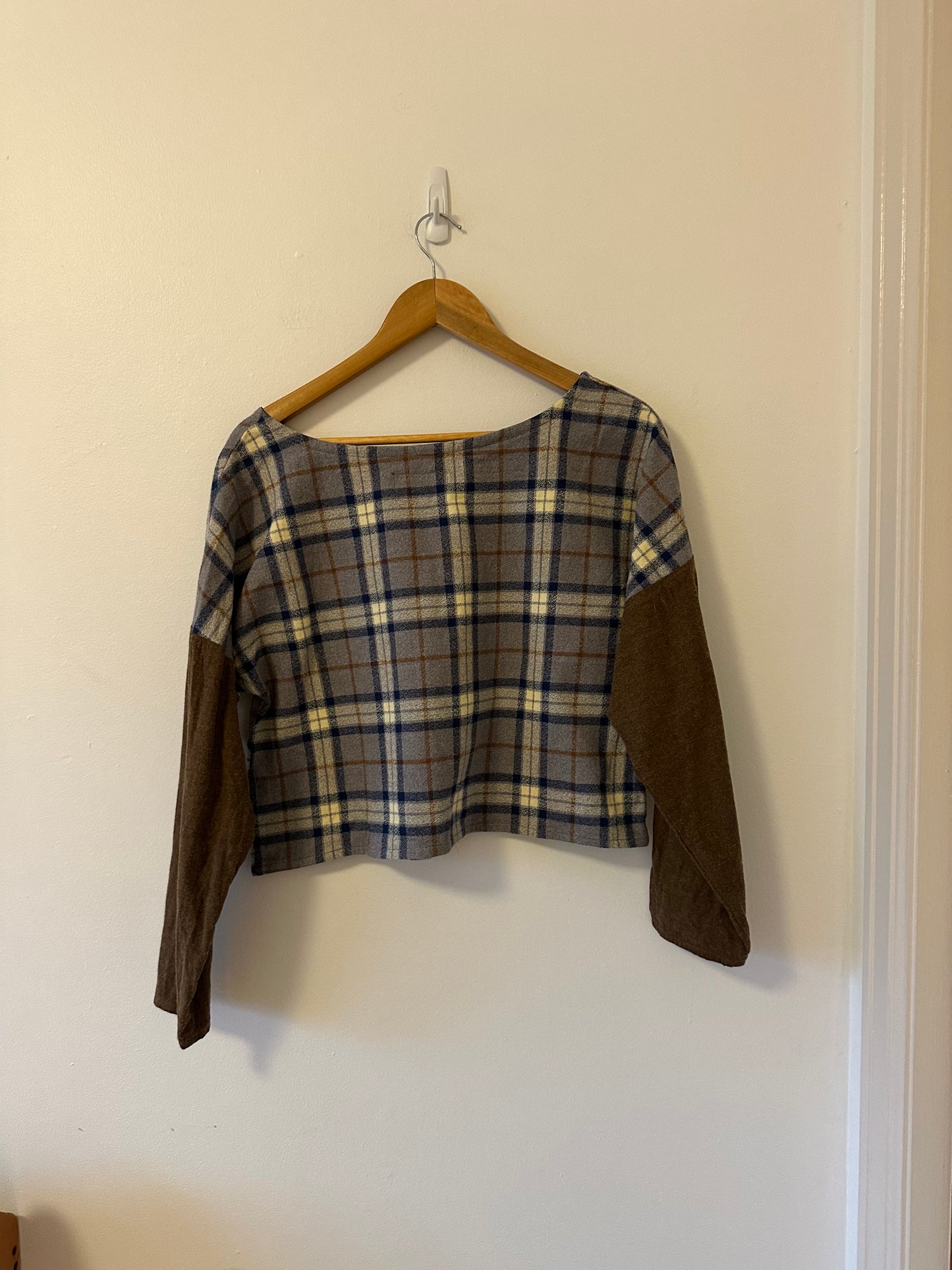 Paper Crane Plaid Boxy Cropped Long Sleeve Top with Solid Brown Sleeves | Small