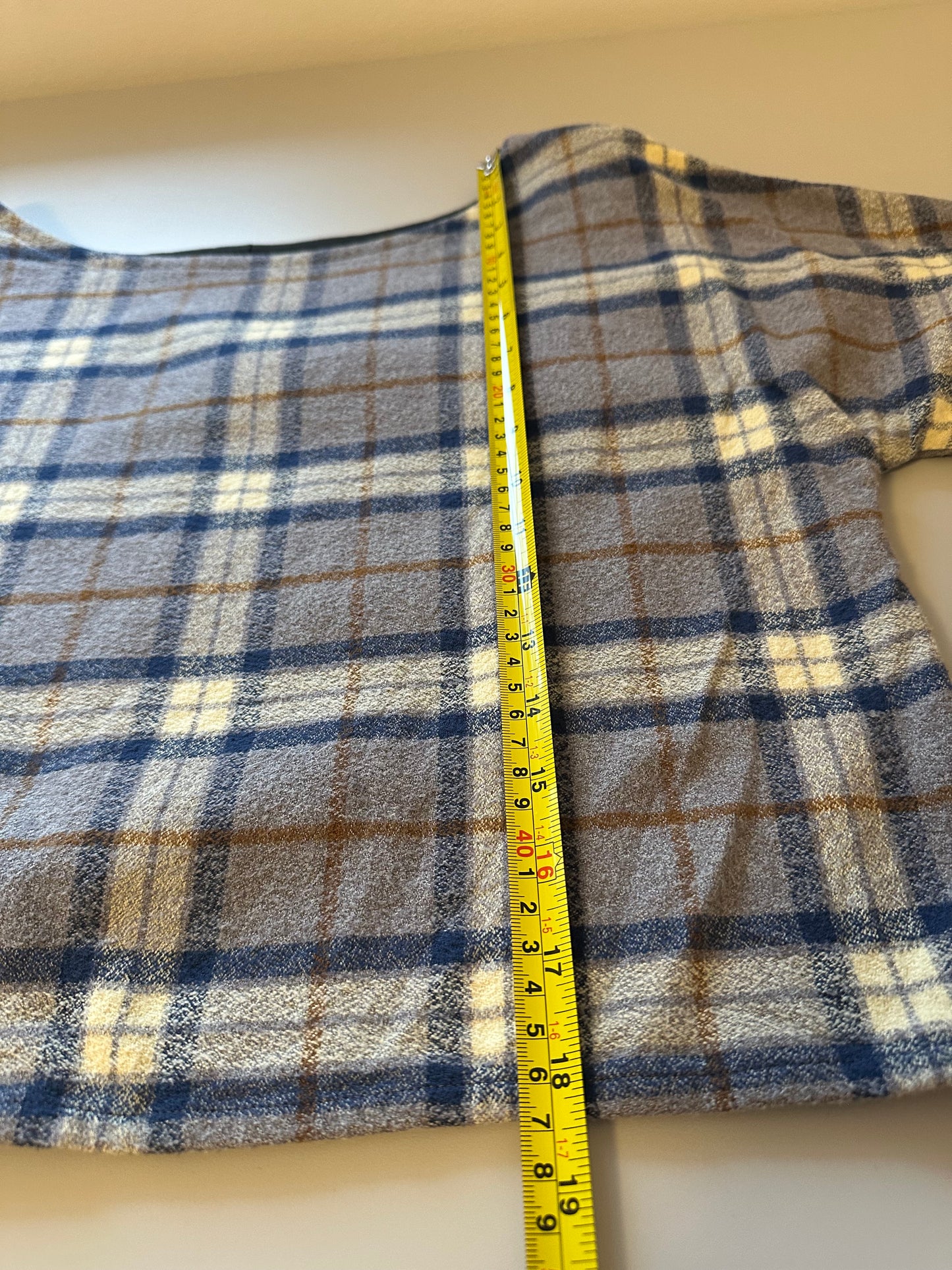 Paper Crane Plaid Boxy Cropped Long Sleeve Top with Solid Brown Sleeves | Small