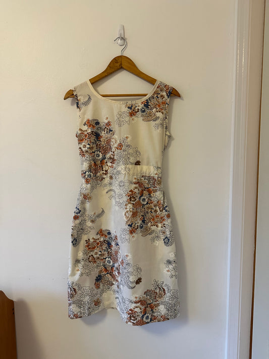 Handmade Cream Floral Sleeveless Shift Dress with Waist Tie | Size Small